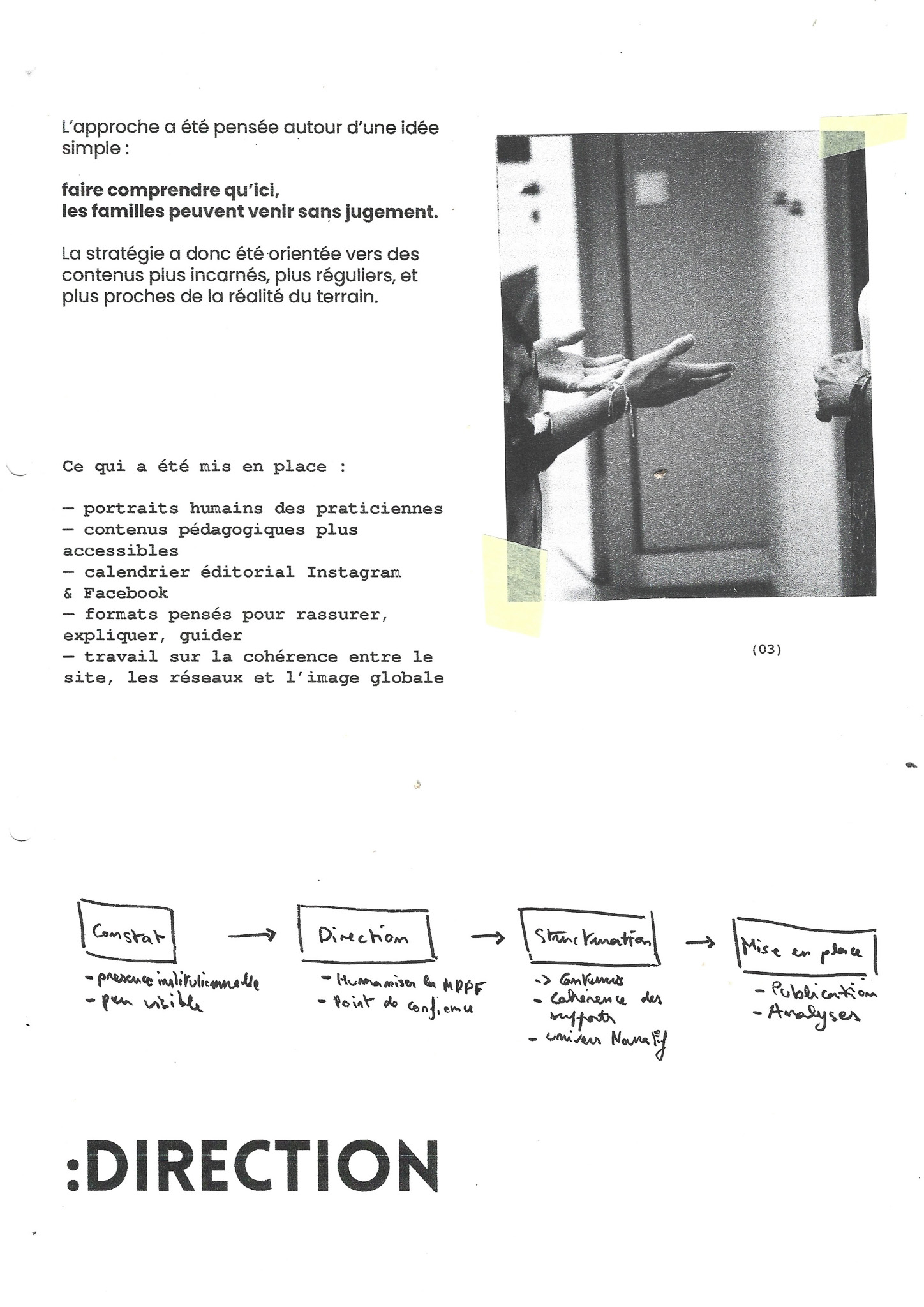 Page de direction stratégique du dossier Maison de la Parentalité : intention éditoriale et axes de contenu.