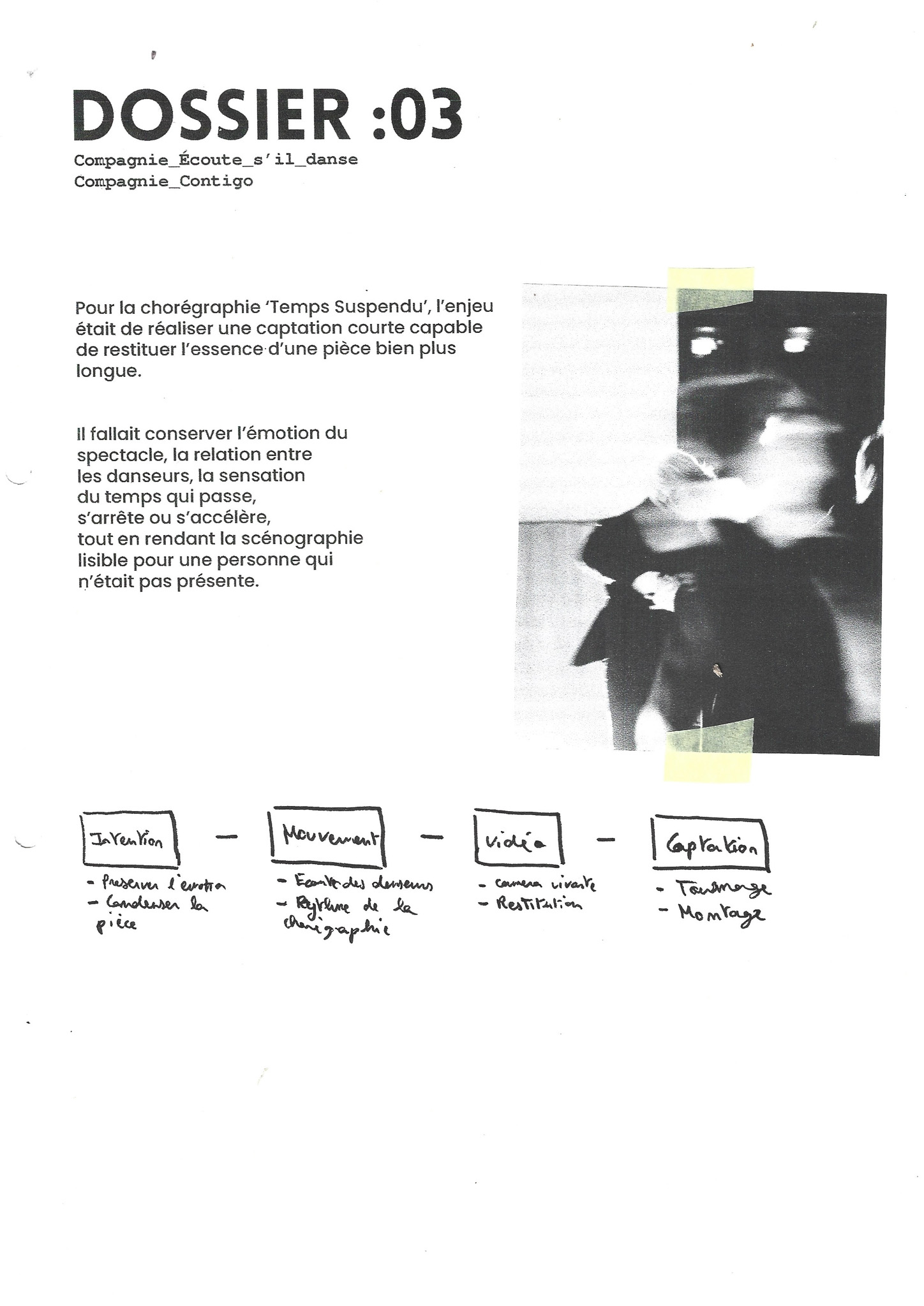 Dossier :ANDREA. — direction vidéo de la captation chorégraphique Temps Suspendu : page d'intention.