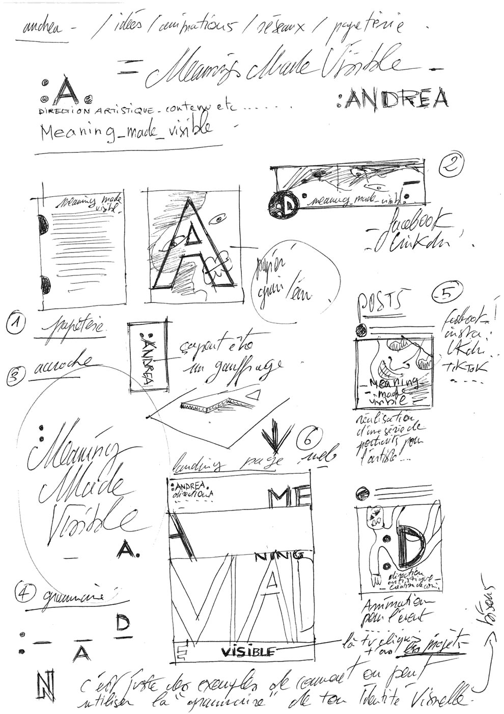 Page de croquis et d'explorations de l'identité visuelle :ANDREA.